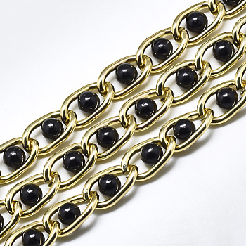 Aluminium Curb Chains, with ABS Plastic Imitation Pearl, with Spool, Unwelded, Black, Golden, 17x9x2mm, Bead: 6mm, about 65.61 Feet(20m)/roll