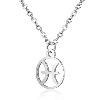 201 Stainless Steel Pendants Necklaces, Flat Round with Constellations, Pisces, 16.3 inch(40cm)x1mm