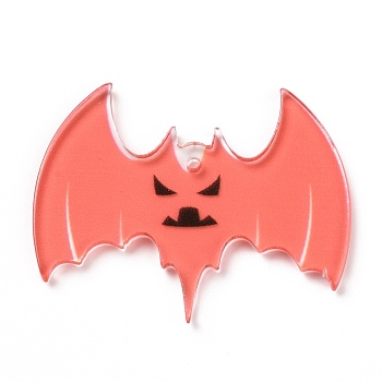 Halloween Translucent Acrylic Pendants, Bat, Light Salmon, 30.5x39.5x2mm, Hole: 1.6mm