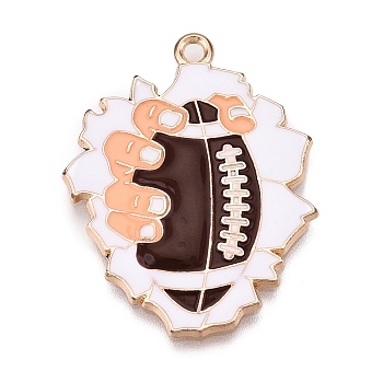 Rugby Theme Alloy Enamel Pendants, Light Gold, Rugby Charm, Coconut Brown, 33x23.5x2.5mm, Hole: 1.8mm