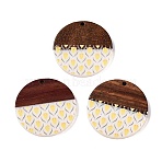Printed Resin & Wood Pendants, Flat Round Charm with Flower Pattern, Yellow, 35x2~3mm, Hole: 2mm(WOOD-TAC0021-21A)