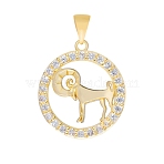 Brass Micro Pave Cubic Zirconia Pendants, Flat Round with Constellation Charm, Real 18K Gold Plated, Aries, 16mm(PW-WG33873-01)
