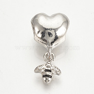 Alloy Enamel European Dangle Charms, Large Hole Pendants, Heart with Bees, Platinum, 21mm, Hole: 4mm, Bees: 9x7.5mm(MPDL-Q208-082P)