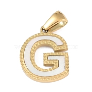 Natural White Shell Alphabet Pendants, Ion Plating(IP) Real 18K Gold Plated 304 Stainless Steel Charms, Letter G, 17x13.5x1.5mm, Hole: 5x3mm(STAS-M338-02G-G)