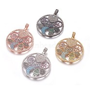 Brass Micro Pave Cubic Zirconia Pendants, Flat Round, Colorful, Mixed Color, 43x40x3mm, Hole: 4x7mm(ZIRC-F096-03)