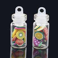 Handmade Polymer Clay Nail Art Decoration Accessories, with Glass Wishing Bottle and CCB Plastic Bottle Stopper, Fruit, Mixed Color, 3.5~6.5x3.5~7x0.1~1mm, bottle: 27.5x11mm, hole: 3mm(MRMJ-N032-50)