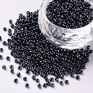 12/0 Glass Seed Beads, Opaque Colors Lustered, Round, Round Hole, Black, 12/0, 2mm, Hole: 1mm, about 3333pcs/50g, 50g/bag, 18bags/2pounds(SEED-US0003-2mm-129)
