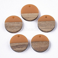 Resin & Walnut Wood Pendants, Flat Round, Orange, 18x3.5mm, Hole: 1.5mm(RESI-S358-02C-18)