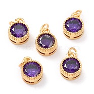 Real 18K Gold Plated Brass Inlaid Cubic Zirconia Charms, with Jump Ring, Long-Lasting Plated, Flat Round, Purple, 9.5x7x4mm, Jump Ring: 4x0.5mm, 2.5mm Inner Diameter(ZIRC-L100-081G-03)