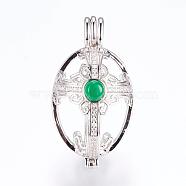Brass Micro Pave Cubic Zirconia Locket Pendants, Cage Pendants, with Dyed Jade, Oval, Platinum, 38.5~39x21x24~25mm, Hole: 3x5mm, Inner Measure: 17.5x25mm(ZIRC-G116-01C)