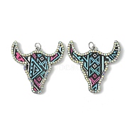 Cattle Head Alloy &  Rhinestone & Imitation Leather Pendants, with Iron Jump Ring, Light Sky Blue, 46.5x46x3mm, Hole: 5mm(FIND-G069-02P-02)