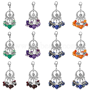 Natural Gemstone Pendant Decorations, with Alloy Findings & 304 Stainless Steel Lobster Claw Clasps, Woven Net/Web with Feather, 55mm, 12pcs/box(HJEW-UN0001-12)