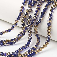 Electroplate Transparent Glass Beads Strands, Half Golden Plated, Faceted, Rondelle, Dark Blue, 6x5mm, Hole: 1mm, about 85~88pcs/strand, 16.1~16.5 inch(41~42cm)(EGLA-A034-T6mm-O05)