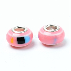 Plastic European Beads, Large Hole Beads, with Platinum Tone Zinc Alloy Double Core, Rondelle, Pink, 14x9mm, Hole: 5mm(PALLOY-TAC0024-13)
