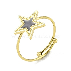 Star 304 Stainless Steel Enamel Ring, 316 Surgical Stainless Steel Open Cuff Ring for Women, Real 18K Gold Plated, Black, Adjustable(RJEW-A038-17G-01)