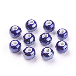 Handmade Porcelain Beads, Pearlized, Round, Dark Blue, 10mm, Hole: 2~3mm(PORC-D001-10mm-14)