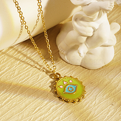 Stylish Stainless Steel Enamel Evil Eye Pendant Necklace for Women's Daily Wear, Real 18K Gold Plated, Yellow Green, 17.72 inch(45cm)(ZP5977-2)