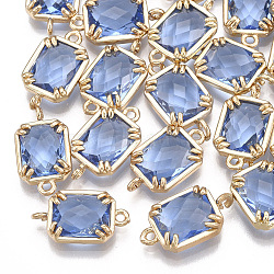 Glass Links connectors, with Brass Findings, Faceted, Rectangle, Golden, Cornflower Blue, 16x9x3.5mm, Hole: 1.2mm(GLAA-S179-08A)