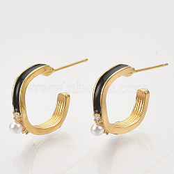 Brass Micro Pave Cubic Zirconia Stud Earrings, with Enamel, ABS Plastic Imitation Pearl, Nickel Free, Real 18K Gold Plated, Black, 17x3.5x18mm, Pin: 0.7mm(EJEW-T007-11G-01-NF)