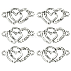 10Pcs Alloy Crystal Rhinestone Links/Connectors, Double Heart Links, Platinum, 12.5x25x2.5mm, Hole: 1.5mm(ALRI-FS0001-02P)