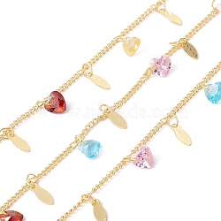 Handmade Cubic Zirconia Heart & Brass Leaf Charms Chain, with Curb Chains, Real 18K Gold Plated, Lead Free & Cadmium Free, Soldered, with Spool, Colorful, 2x2x0.5mm(CHC-E025-50G)