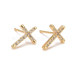 Clear Cubic Zirconia Cross Stud Earrings, Rack Plating Brass Jewelry for Women, Cadmium Free & Lead Free, Real 18K Gold Plated, 14x10mm, Pin: 0.8mm(EJEW-G288-31G)