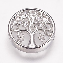 Brass Micro Pave Cubic Zirconia Slide Charms, Flat Round with Tree, Platinum, 15.5x4mm, Hole: 1.5x6mm(X-ZIRC-F046-42P)