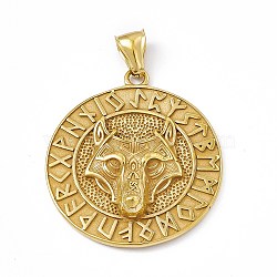 Ion Plating(IP) 304 Stainless Steel Manual Polishing Pendants, Flat Round with Wolf Charm, Antique Golden, 42.5x37.5x6.5mm, Hole: 8x3mm(STAS-P309-11AG)