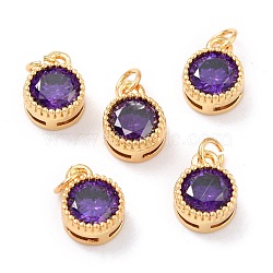 Real 18K Gold Plated Brass Inlaid Cubic Zirconia Charms, with Jump Ring, Long-Lasting Plated, Flat Round, Purple, 9.5x7x4mm, Jump Ring: 4x0.5mm, 2.5mm Inner Diameter(ZIRC-L100-081G-03)