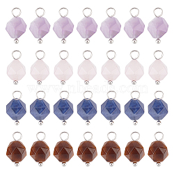 40Pcs 4 Styles Faceted Natural Mixed Stone Charms, Natural Tiger Eye & Sodalite & Amethys & Rose Quartz, with Platinum Tone Brass Loops, Star Cut Round, 13.5x7.5~8x7.5~8mm, Hole: 3mm, 10pcs/style(FIND-DC0001-36)
