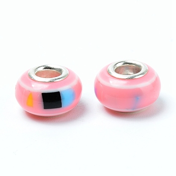 Plastic European Beads, Large Hole Beads, with Platinum Tone Zinc Alloy Double Core, Rondelle, Pink, 14x9mm, Hole: 5mm