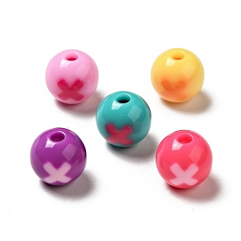 Two Tone Opaque Acrylic Beads, Round with Cross, Mixed Color, 11.5mm, Hole: 2.8mm, about 555pcs/500g