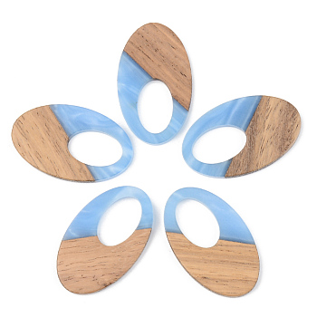 Opaque Resin & Walnut Wood Pendants, Oval, Cornflower Blue, 35.5x21.5x3mm, Hole: 16x10mm