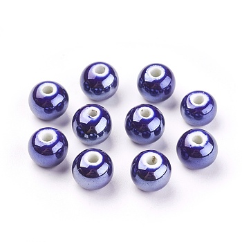 Handmade Porcelain Beads, Pearlized, Round, Dark Blue, 10mm, Hole: 2~3mm