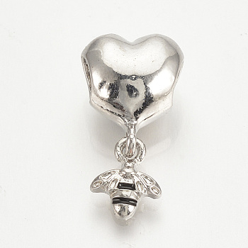 Alloy Enamel European Dangle Charms, Large Hole Pendants, Heart with Bees, Platinum, 21mm, Hole: 4mm, Bees: 9x7.5mm