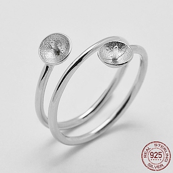Rhodium Plated 925 Sterling Silver Finger Ring Components, For Half Drilled Beads, Platinum, Tray: 5.5mm, 16.5mm, Pin: 0.7mm