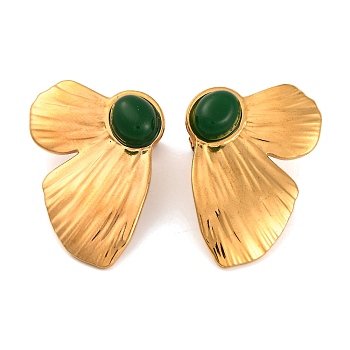 304 Stainless Steel Stud Earrings, Dark Green Natural Stone Earrings for Women, Butterfly Wing, Golden, 37x24mm