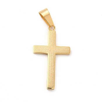 Vacuum Plating 304 Stainless Steel Pendants, Cross with Word Charms, Golden, 37.5x21x3mm, Hole: 10.2x5.5mm