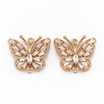 Brass Micro Pave Cubic Zirconia Links Connectors, Long-Lasting Plated, Butterfly, Light Gold, Clear, 18.5x20x4mm, Hole: 1.4mm
