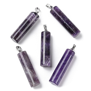 Natural Amethyst Pendants, Column Charms with Platinum Plated Brass Snap on Bails, 40.8~42x10~10.5mm, Hole: 7.2x4.2mm