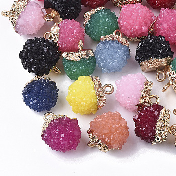 Druzy Resin Pendants, with Top Light Gold Plated Iron Loops, Waxberry, Mixed Color, 15~17x12~14x12~13mm, Hole: 1.8mm