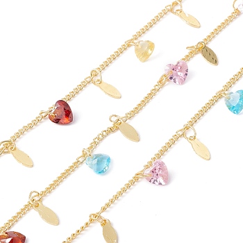 Handmade Cubic Zirconia Heart & Brass Leaf Charms Chain, with Curb Chains, Real 18K Gold Plated, Lead Free & Cadmium Free, Soldered, with Spool, Colorful, 2x2x0.5mm
