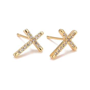 Clear Cubic Zirconia Cross Stud Earrings, Rack Plating Brass Jewelry for Women, Cadmium Free & Lead Free, Real 18K Gold Plated, 14x10mm, Pin: 0.8mm