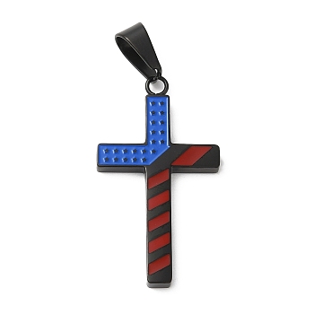 Independence Day 304 Stainless Steel Enamel Pendants, Cross Charm, Electrophoresis Black, 37.5x20.5x2.5mm, Hole: 9x5.5mm