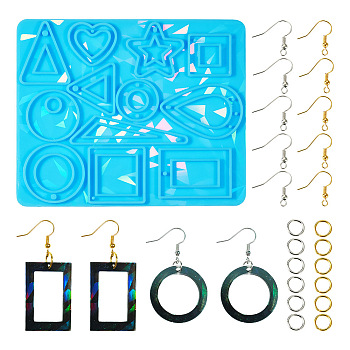 Pandahall 1Pc Triangle & Heart & Star Pendant Silicone Molds, with 40Pcs Brass Jump Rings & 40Pcs Earring Hooks, Sky Blue, 116x96x6mm, Hole: 1.5~3mm, Inner Diameter: 20~58x13~38mm