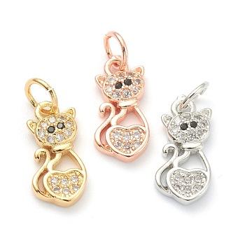 Brass Clear Cubic Zirconia Charms, Long-Lasting Plated, with Jump Ring, Cat, Mixed Color, 14x7x2mm, Hole: 3.5mm