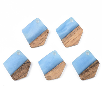 Opaque Resin & Walnut Wood Pendants, Polygon, Cornflower Blue, 21x18.5x3mm, Hole: 2mm