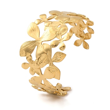Ion Plating(IP) 304 Stainless Steel Cuff Bangles for Women, Flower/Leaves, Real 14K Gold Plated, 1-5/8 inch(4.05cm), Inner Diameter: 2-1/2 inch(6.2cm)