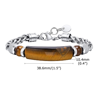 Natural Tiger Eye Curved Bar Link Bracelet, with Stainless Steel Wheat Chains, 8-1/4 inch(21cm)
