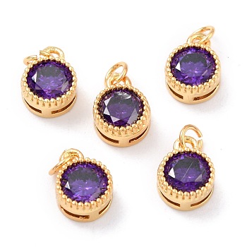 Real 18K Gold Plated Brass Inlaid Cubic Zirconia Charms, with Jump Ring, Long-Lasting Plated, Flat Round, Purple, 9.5x7x4mm, Jump Ring: 4x0.5mm, 2.5mm Inner Diameter